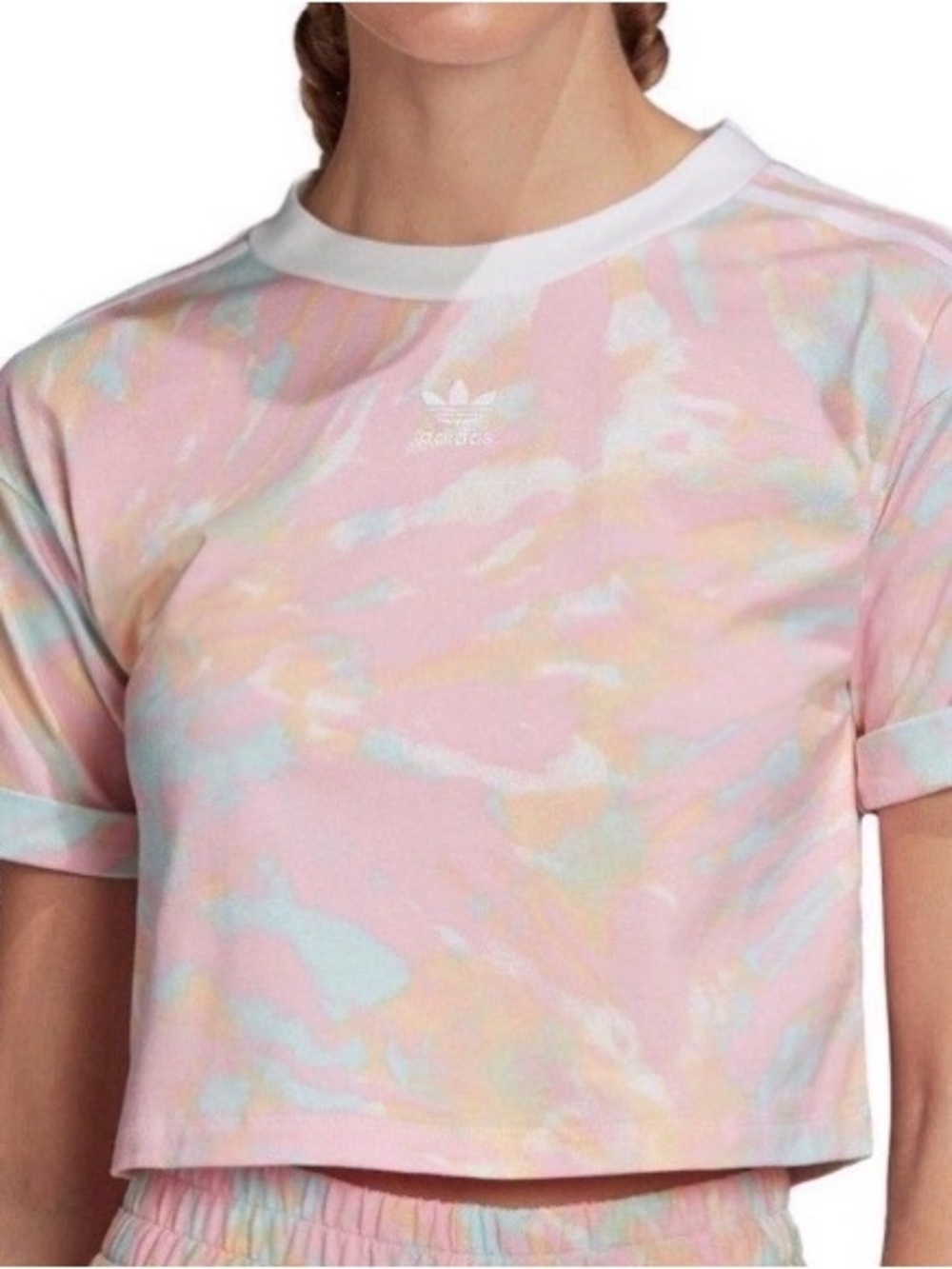 Adidas Pastel Tie Dye Crop Top XXL | Pink Multicolor Trefoil Tee